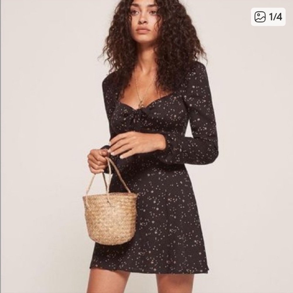 Reformation Valentine Galactic Pattern Dress Black Long Sleeve Star Print Mini